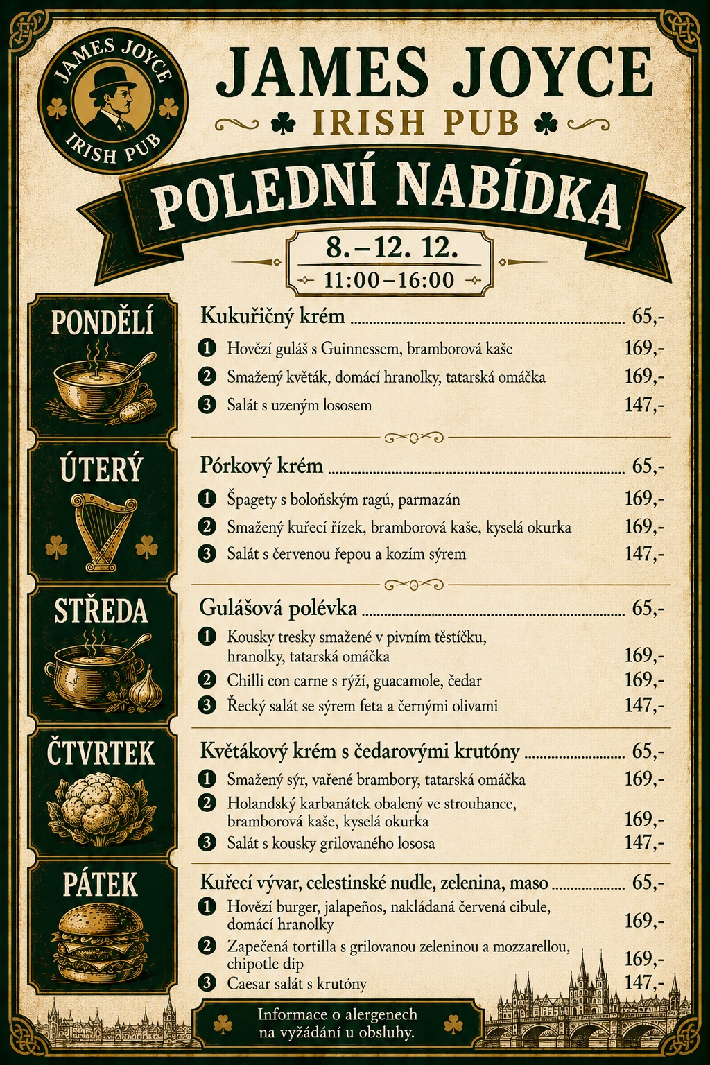 James Joyce Irish Pub týdenní polední menu