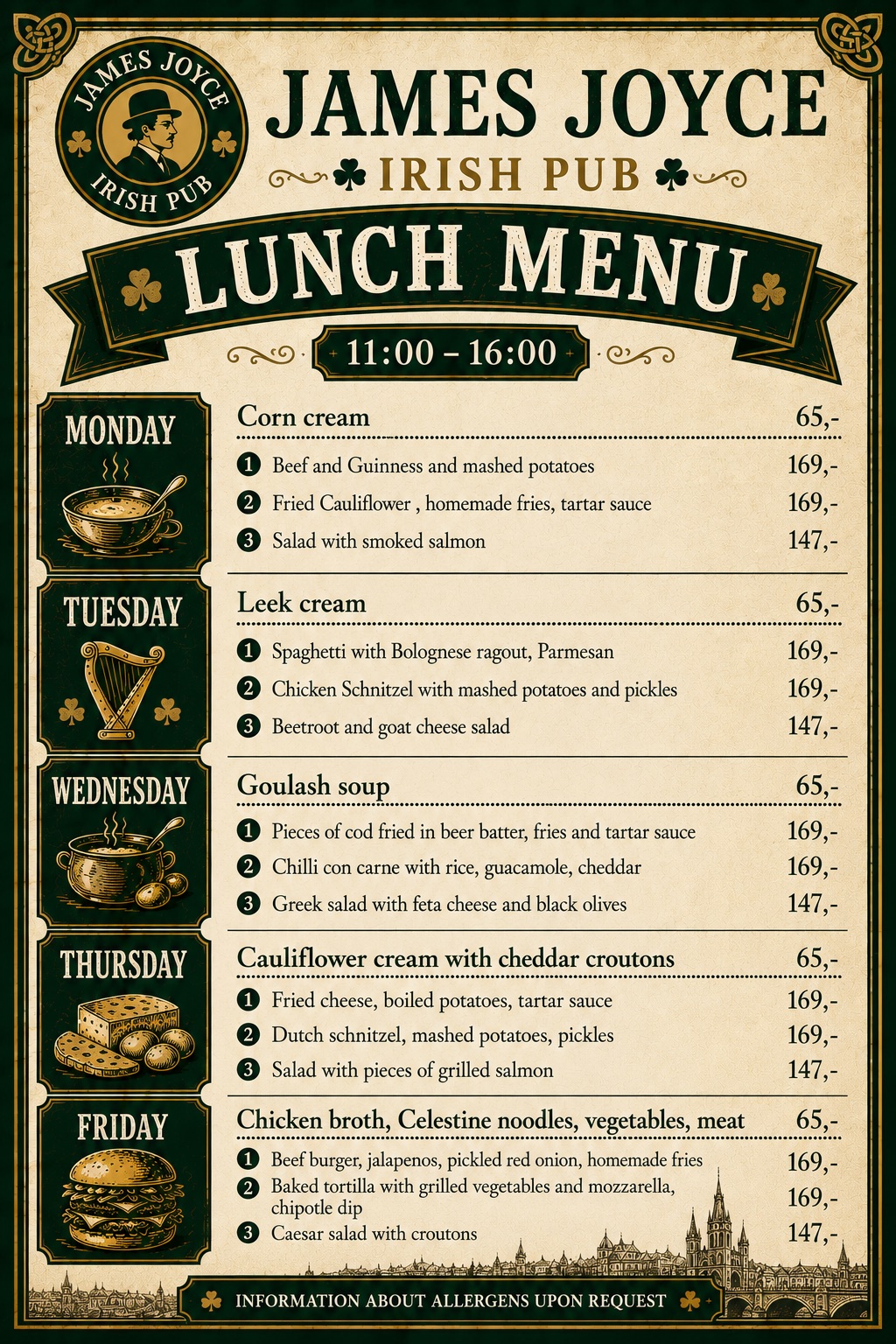 James Joyce Irish Pub weekly lunch menu